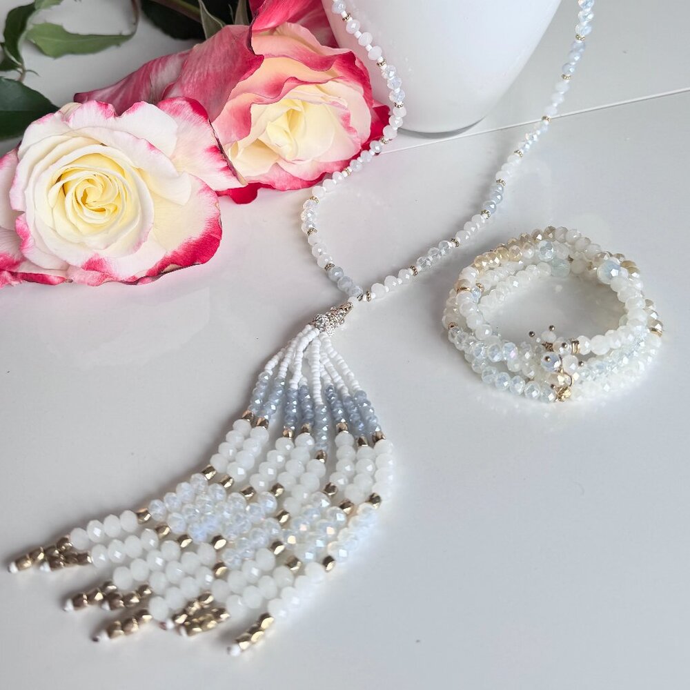 Elegant Healing White/Gold/Light Gray Natural Faceted Crystal Beads Necklace/Brc
